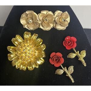 Vintage Gold Tone Sunflower & Rose Flower Bar Brooches 4 Piece Floral Pin Set